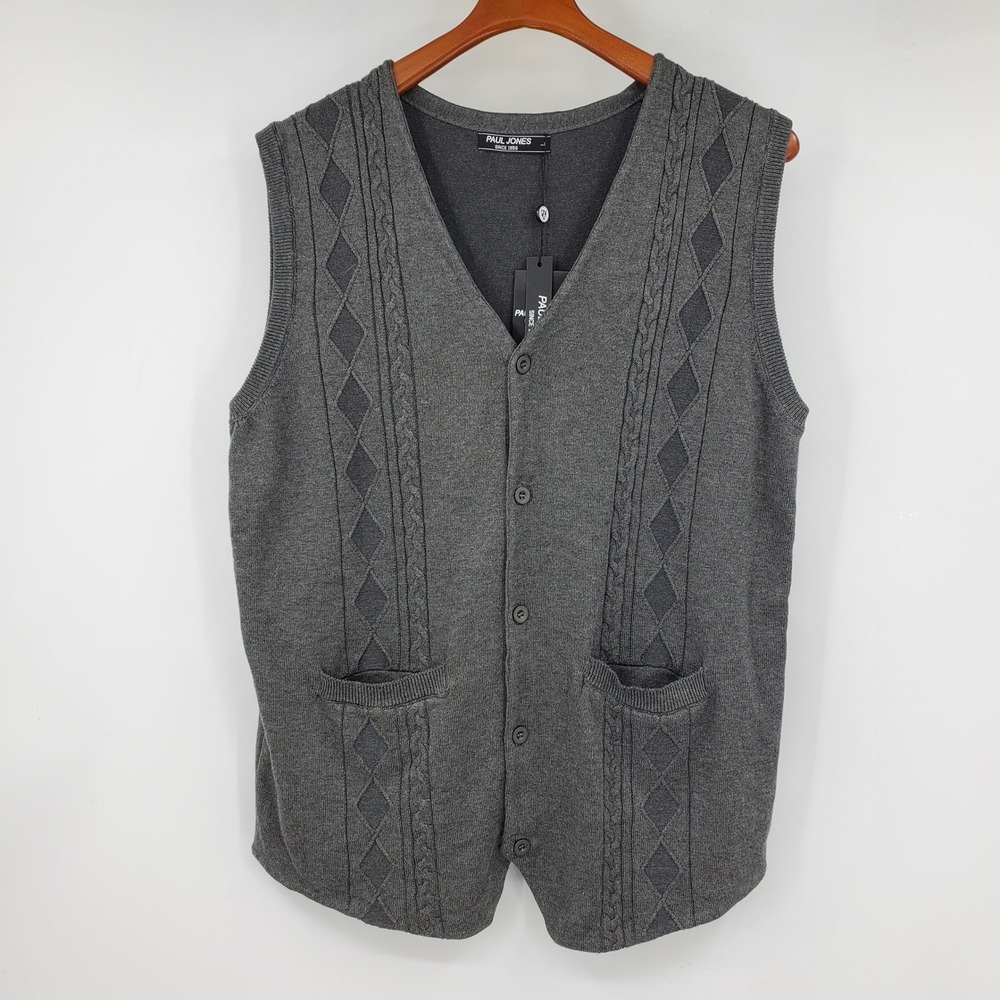 Paul Jones Mens Gray Argyle Cable Knit Button Front V-Neck Sweater Vest Preppy